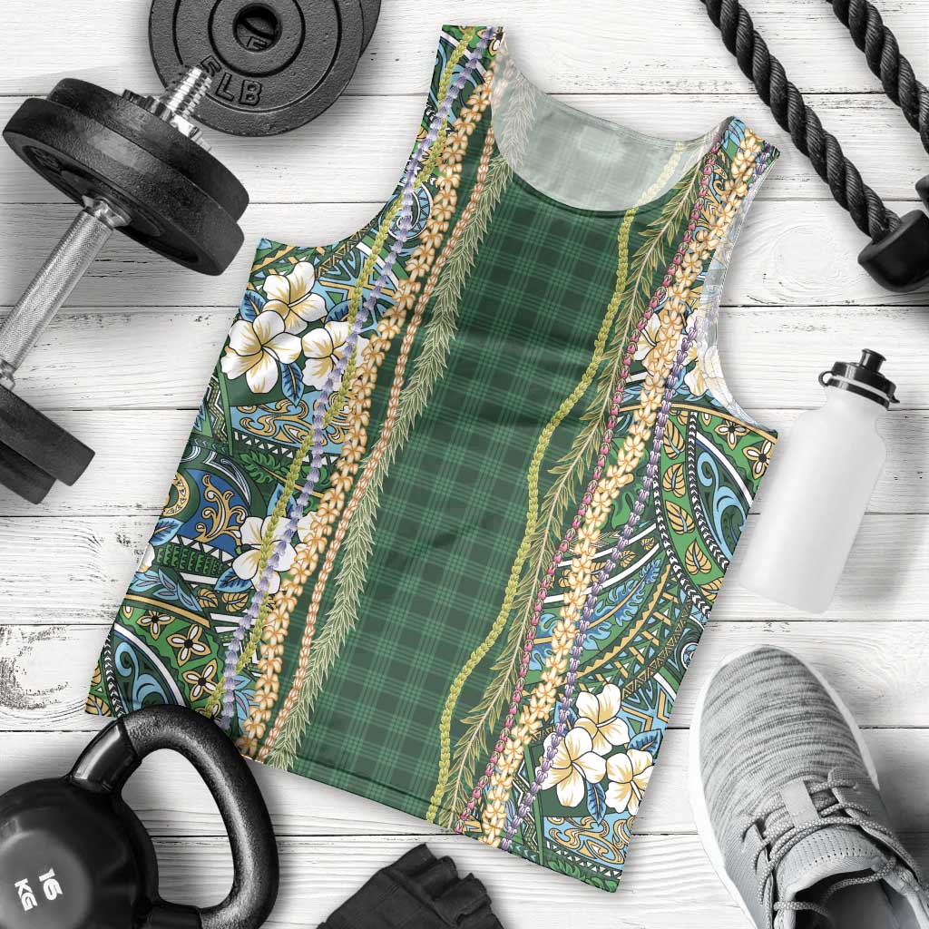 Hawaiian Art Flower Tribal with Lei Men Tank Top Palaka Pattern Green Color LT03 - Polynesian Pride