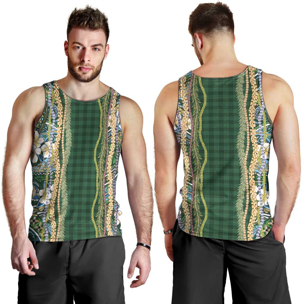 Hawaiian Art Flower Tribal with Lei Men Tank Top Palaka Pattern Green Color LT03 - Polynesian Pride