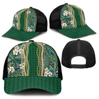 Hawaiian Art Flower Tribal with Lei Mesh Trucker Cap Palaka Pattern Green Color - Polynesian Pride
