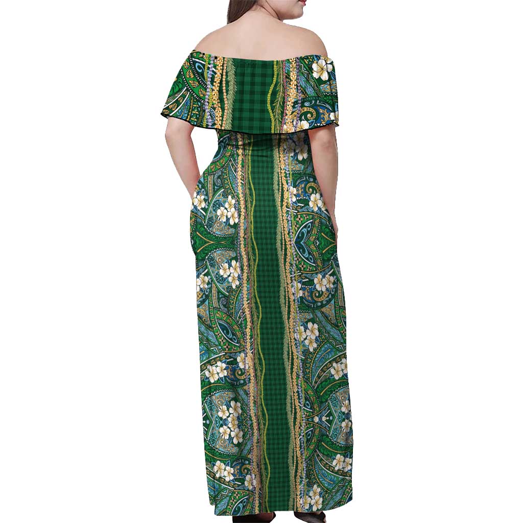 Hawaiian Art Flower Tribal with Lei Off Shoulder Maxi Dress Palaka Pattern Green Color - Polynesian Pride