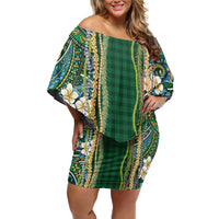 Hawaiian Art Flower Tribal with Lei Off Shoulder Short Dress Palaka Pattern Green Color - Polynesian Pride