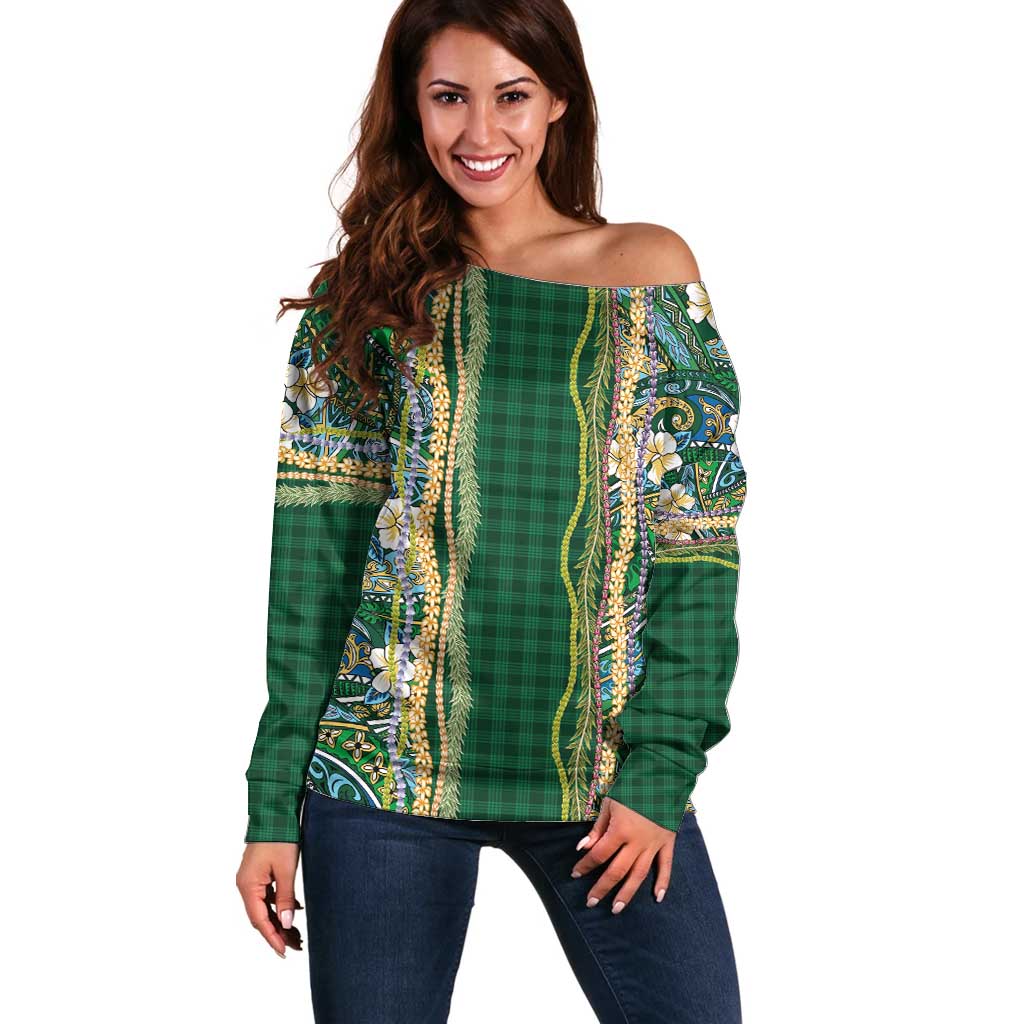Hawaiian Art Flower Tribal with Lei Off Shoulder Sweater Palaka Pattern Green Color - Polynesian Pride