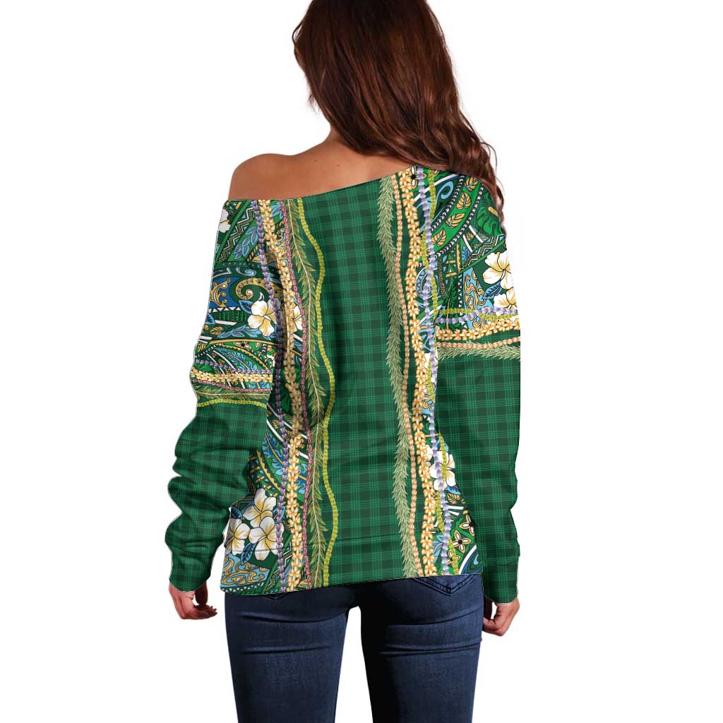 Hawaiian Art Flower Tribal with Lei Off Shoulder Sweater Palaka Pattern Green Color - Polynesian Pride