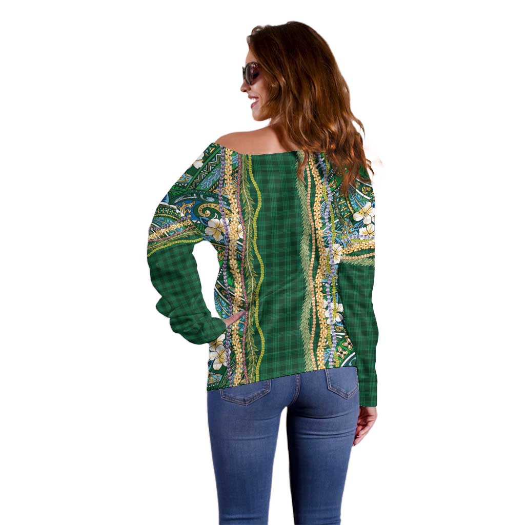 Hawaiian Art Flower Tribal with Lei Off Shoulder Sweater Palaka Pattern Green Color - Polynesian Pride
