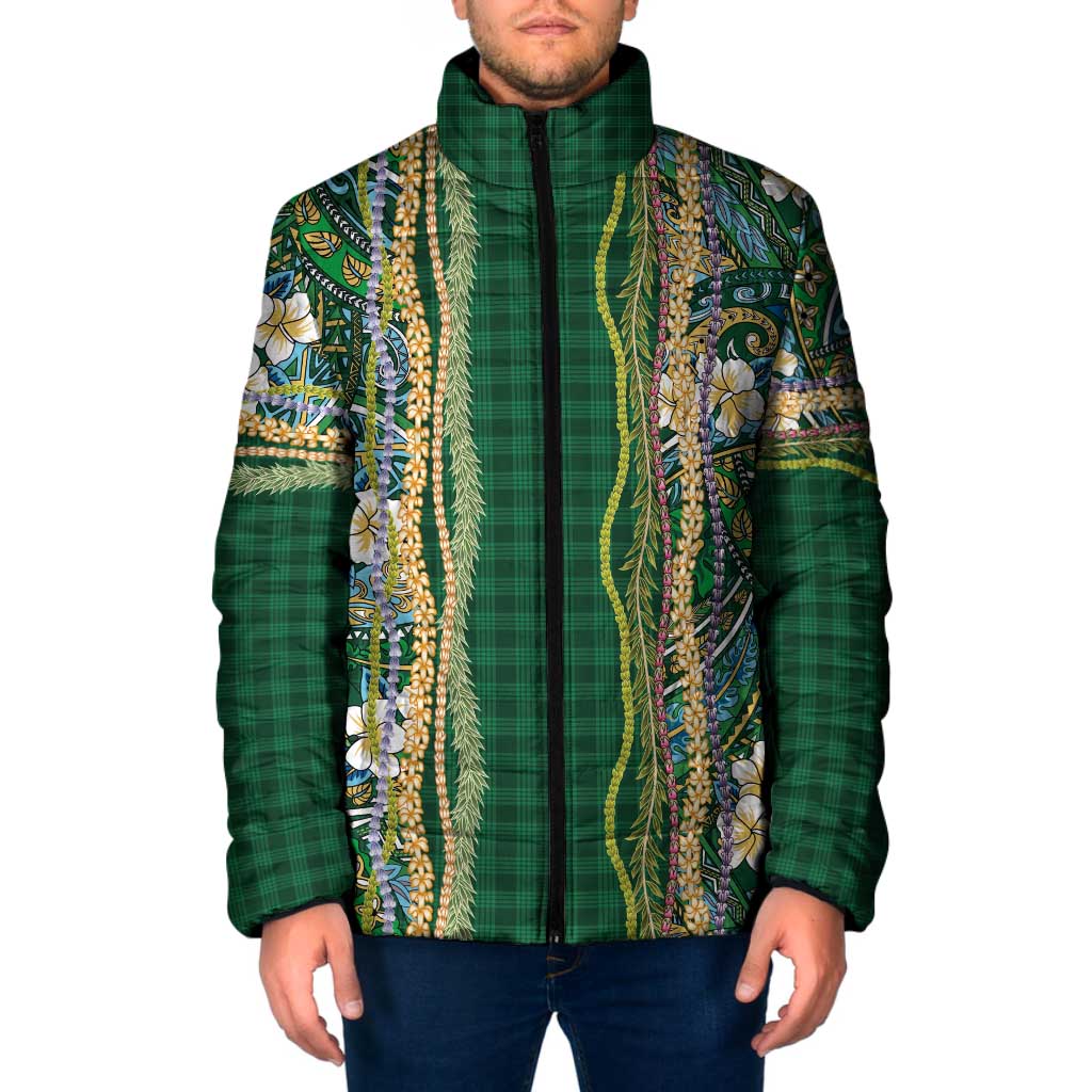 Hawaiian Art Flower Tribal with Lei Padded Jacket Palaka Pattern Green Color LT03 Men Green - Polynesian Pride