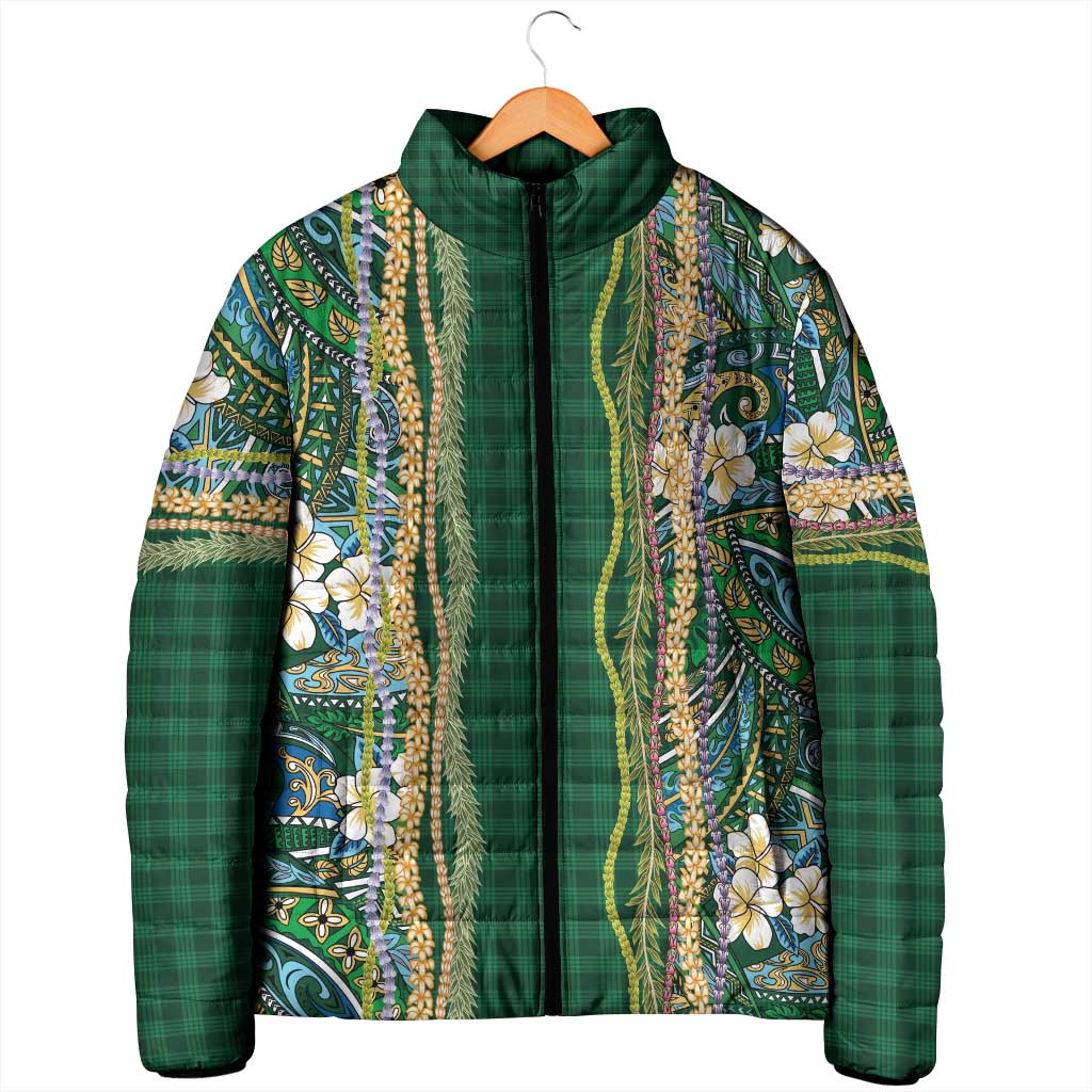 Hawaiian Art Flower Tribal with Lei Padded Jacket Palaka Pattern Green Color LT03 - Polynesian Pride