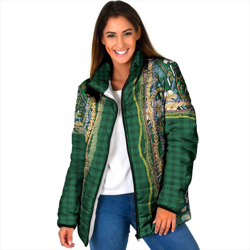 Hawaiian Art Flower Tribal with Lei Padded Jacket Palaka Pattern Green Color LT03 Women Green - Polynesian Pride