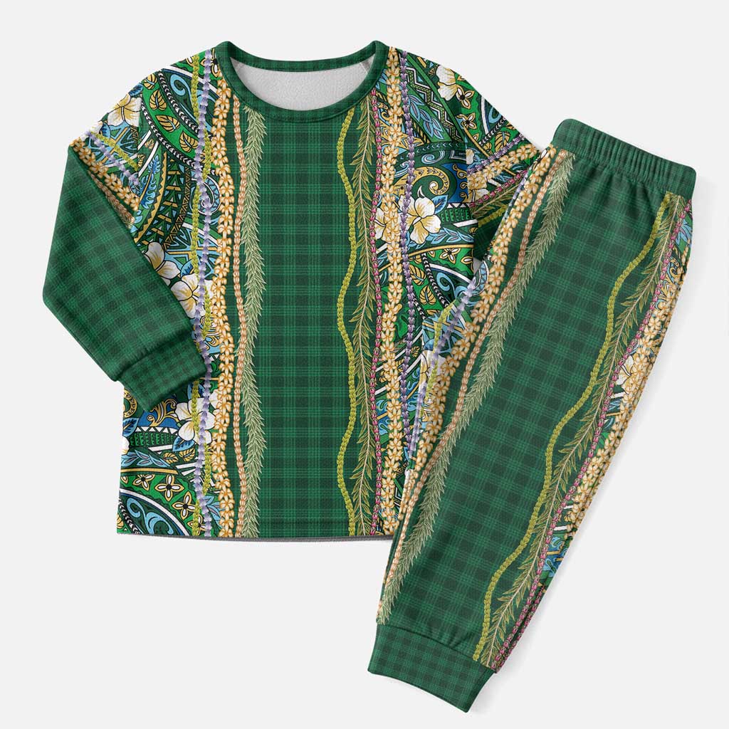 Hawaiian Art Flower Tribal with Lei Christmas Pajama Set Palaka Pattern Green Color - Polynesian Pride