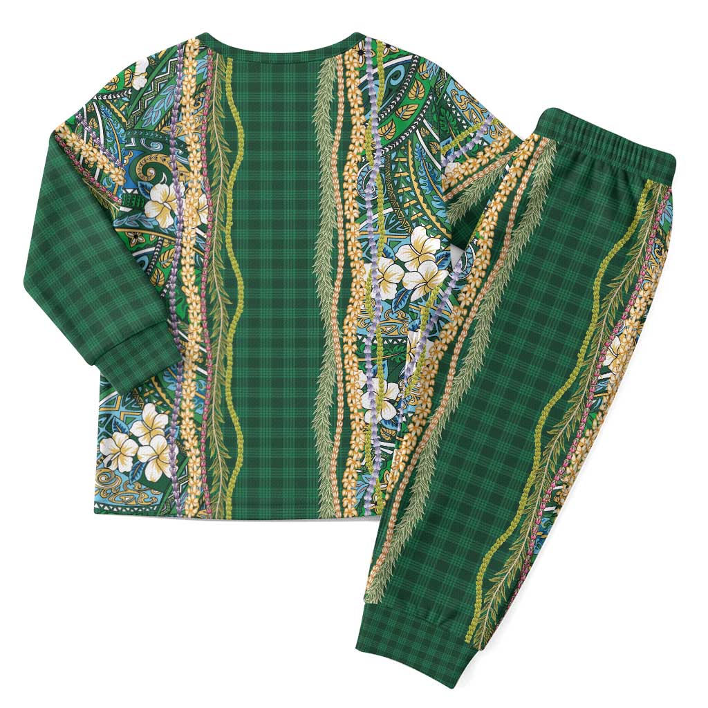 Hawaiian Art Flower Tribal with Lei Christmas Pajama Set Palaka Pattern Green Color - Polynesian Pride