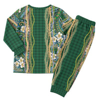 Hawaiian Art Flower Tribal with Lei Christmas Pajama Set Palaka Pattern Green Color - Polynesian Pride