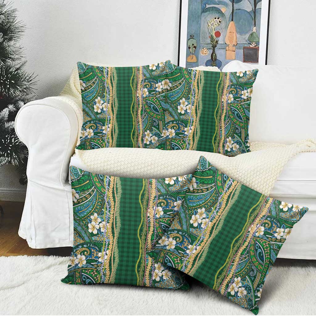 Hawaiian Art Flower Tribal with Lei Pillow Cover Palaka Pattern Green Color - Polynesian Pride