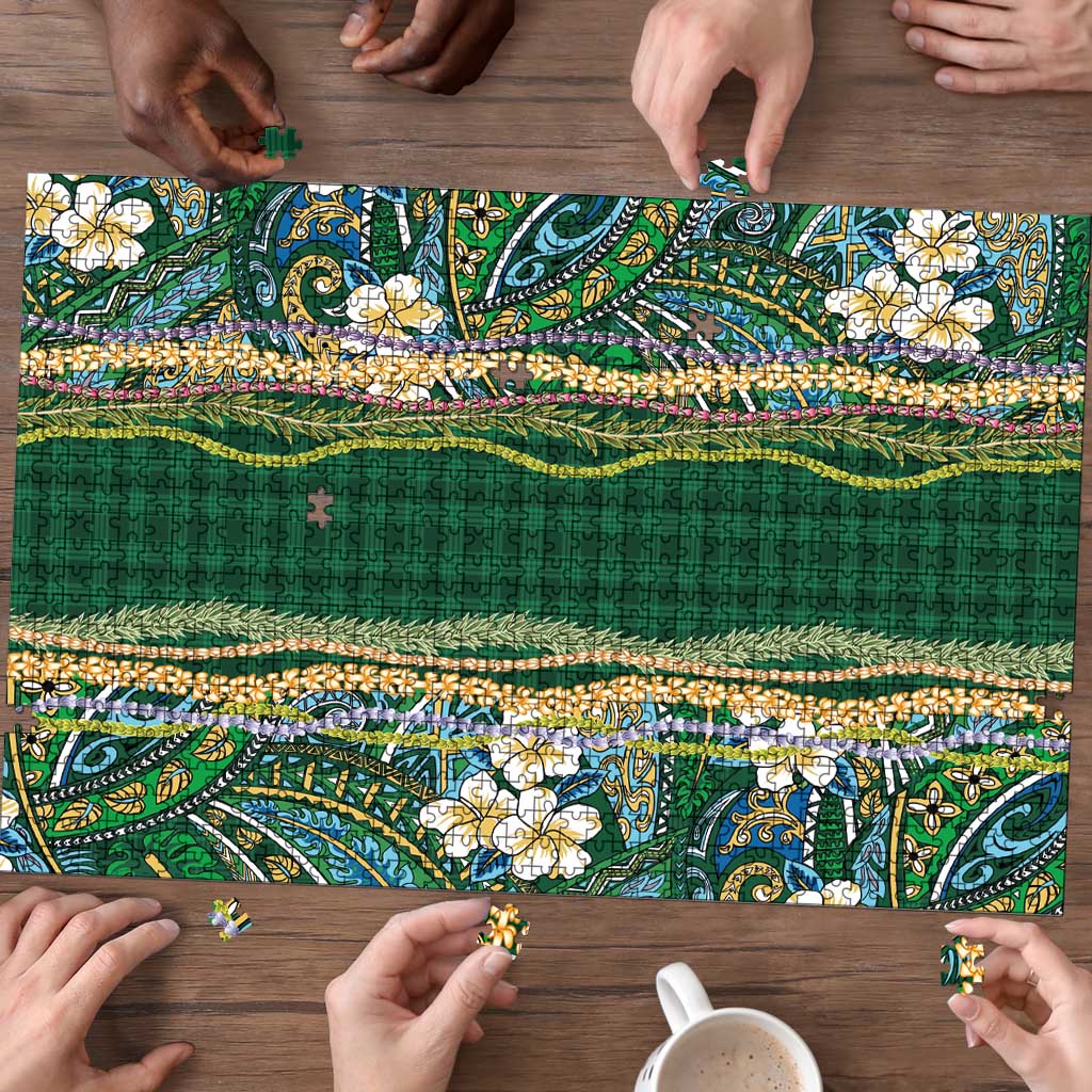 Hawaiian Art Flower Tribal with Lei Puzzle Palaka Pattern Green Color LT03 - Polynesian Pride