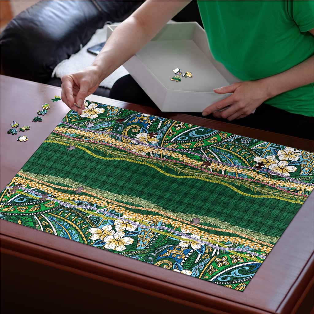 Hawaiian Art Flower Tribal with Lei Puzzle Palaka Pattern Green Color LT03 - Polynesian Pride