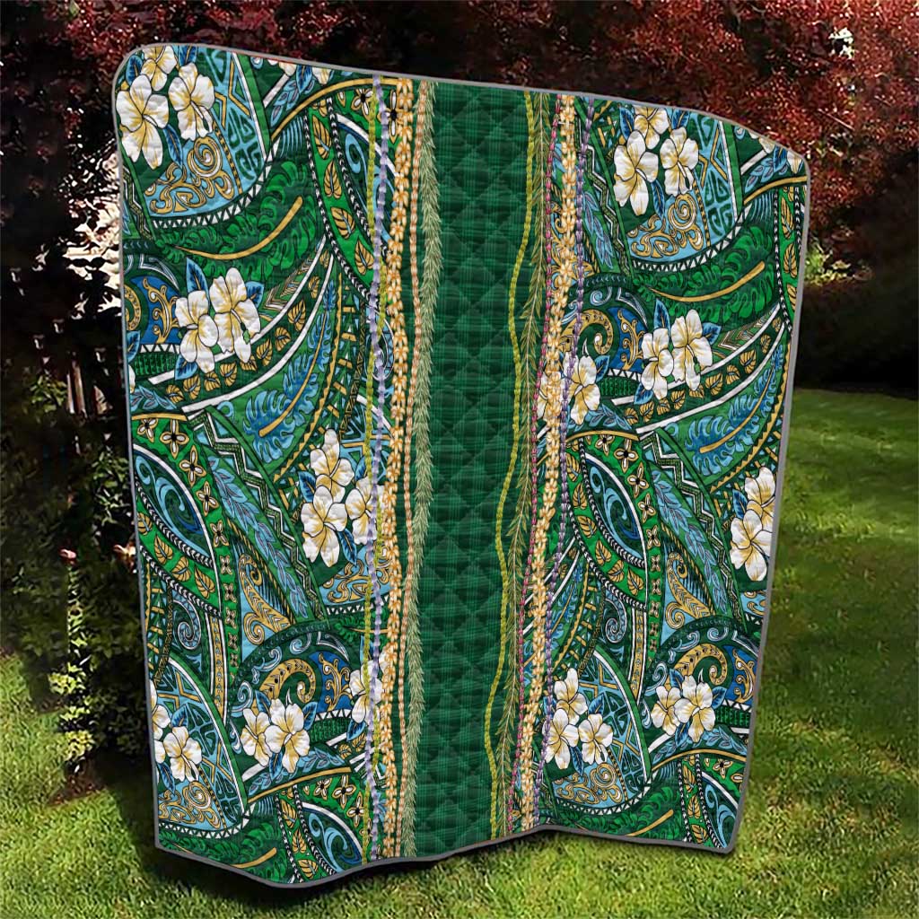 Hawaiian Art Flower Tribal with Lei Quilt Palaka Pattern Green Color - Polynesian Pride