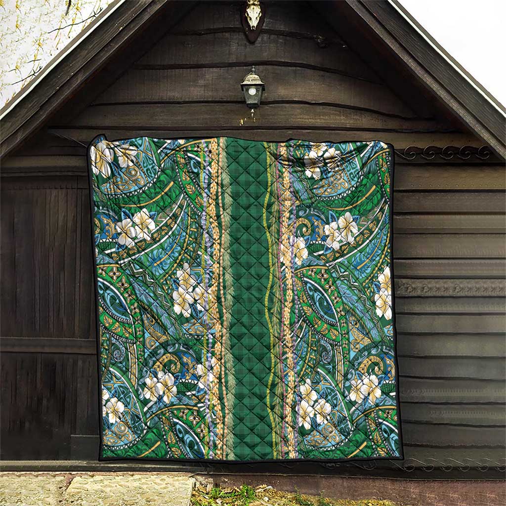 Hawaiian Art Flower Tribal with Lei Quilt Palaka Pattern Green Color - Polynesian Pride