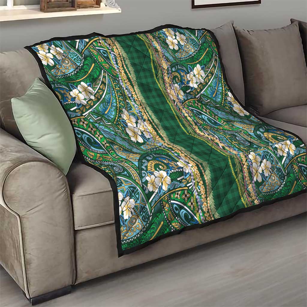 Hawaiian Art Flower Tribal with Lei Quilt Palaka Pattern Green Color - Polynesian Pride