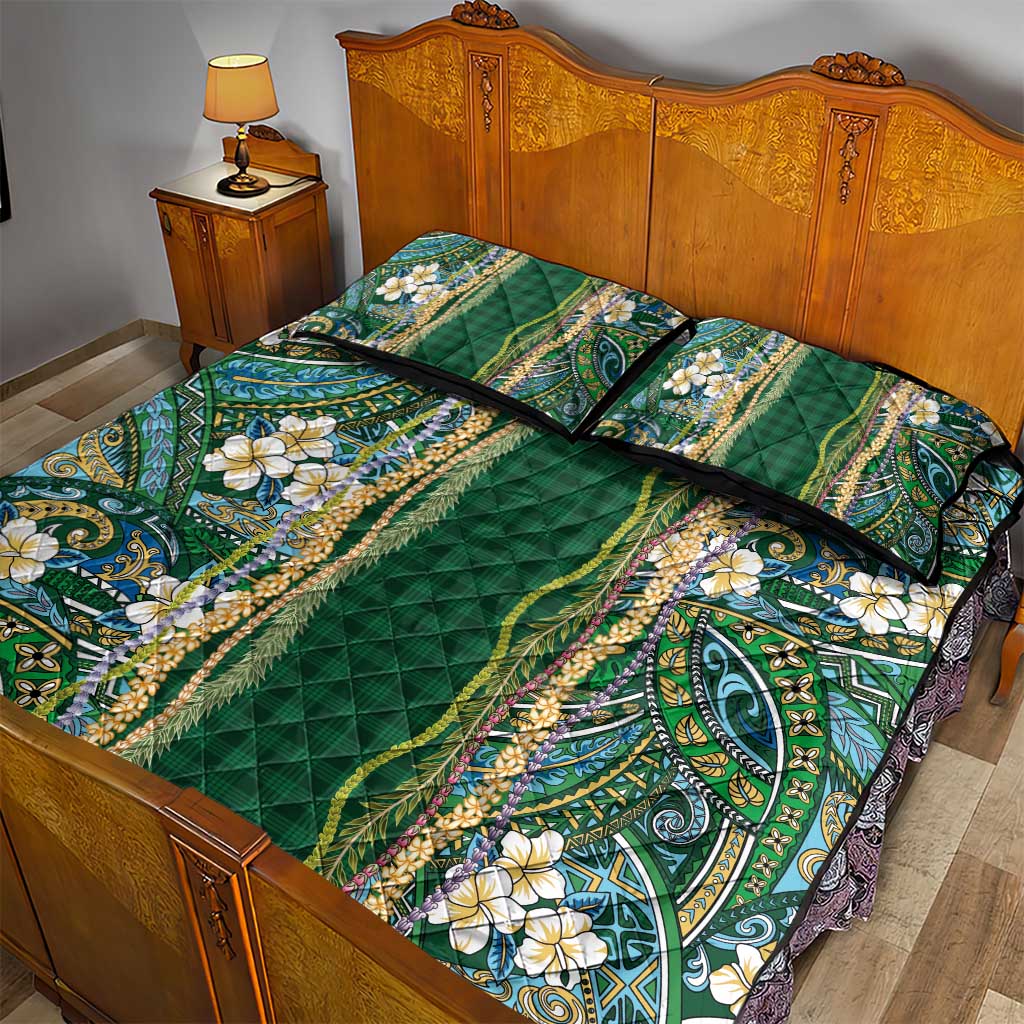 Hawaiian Art Flower Tribal with Lei Quilt Bed Set Palaka Pattern Green Color - Polynesian Pride