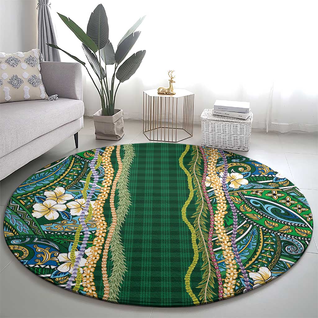 Hawaiian Art Flower Tribal with Lei Round Carpet Palaka Pattern Green Color - Polynesian Pride