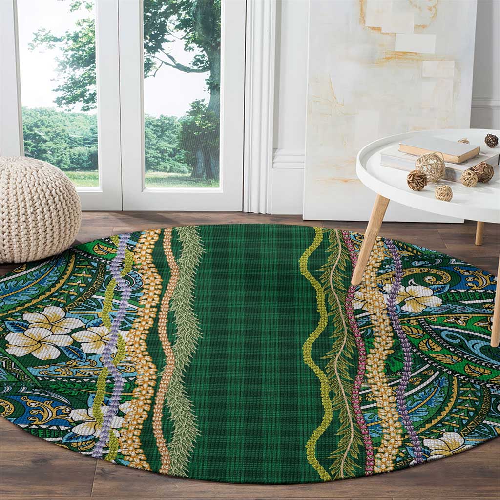 Hawaiian Art Flower Tribal with Lei Round Carpet Palaka Pattern Green Color - Polynesian Pride