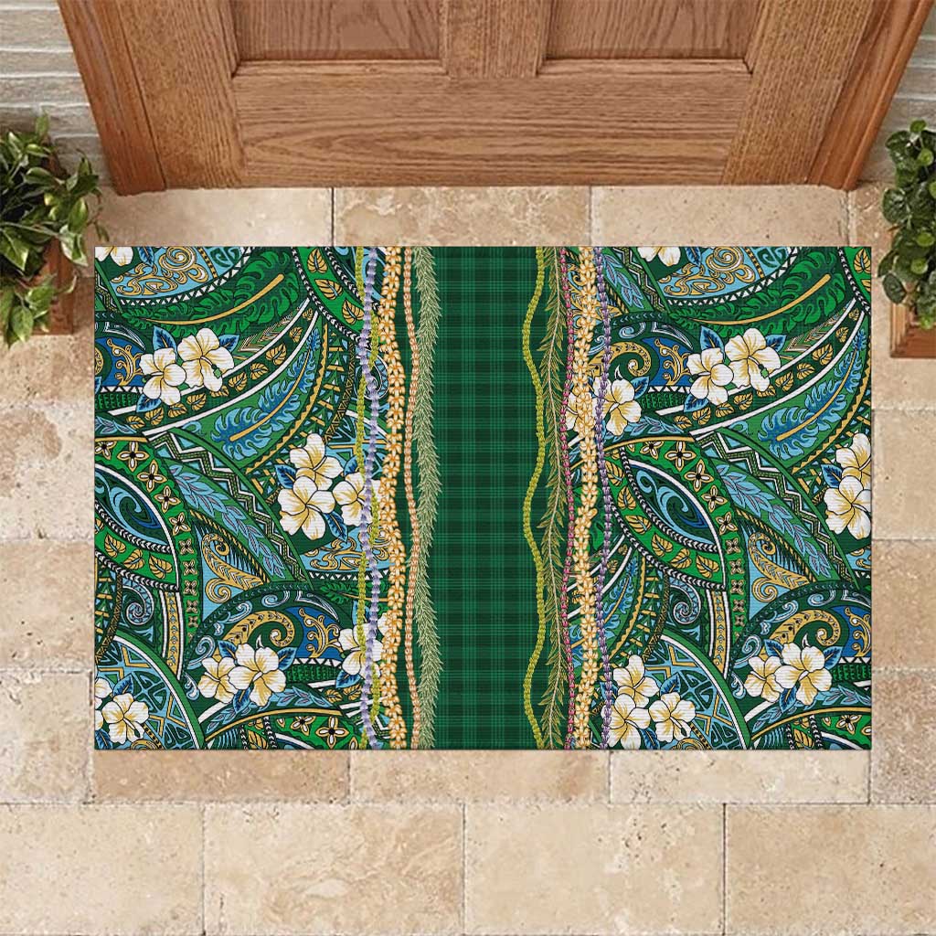 Hawaiian Art Flower Tribal with Lei Rubber Doormat Palaka Pattern Green Color LT03 Green - Polynesian Pride