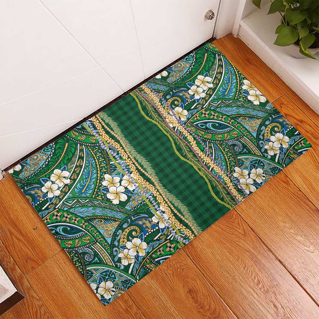 Hawaiian Art Flower Tribal with Lei Rubber Doormat Palaka Pattern Green Color LT03 - Polynesian Pride