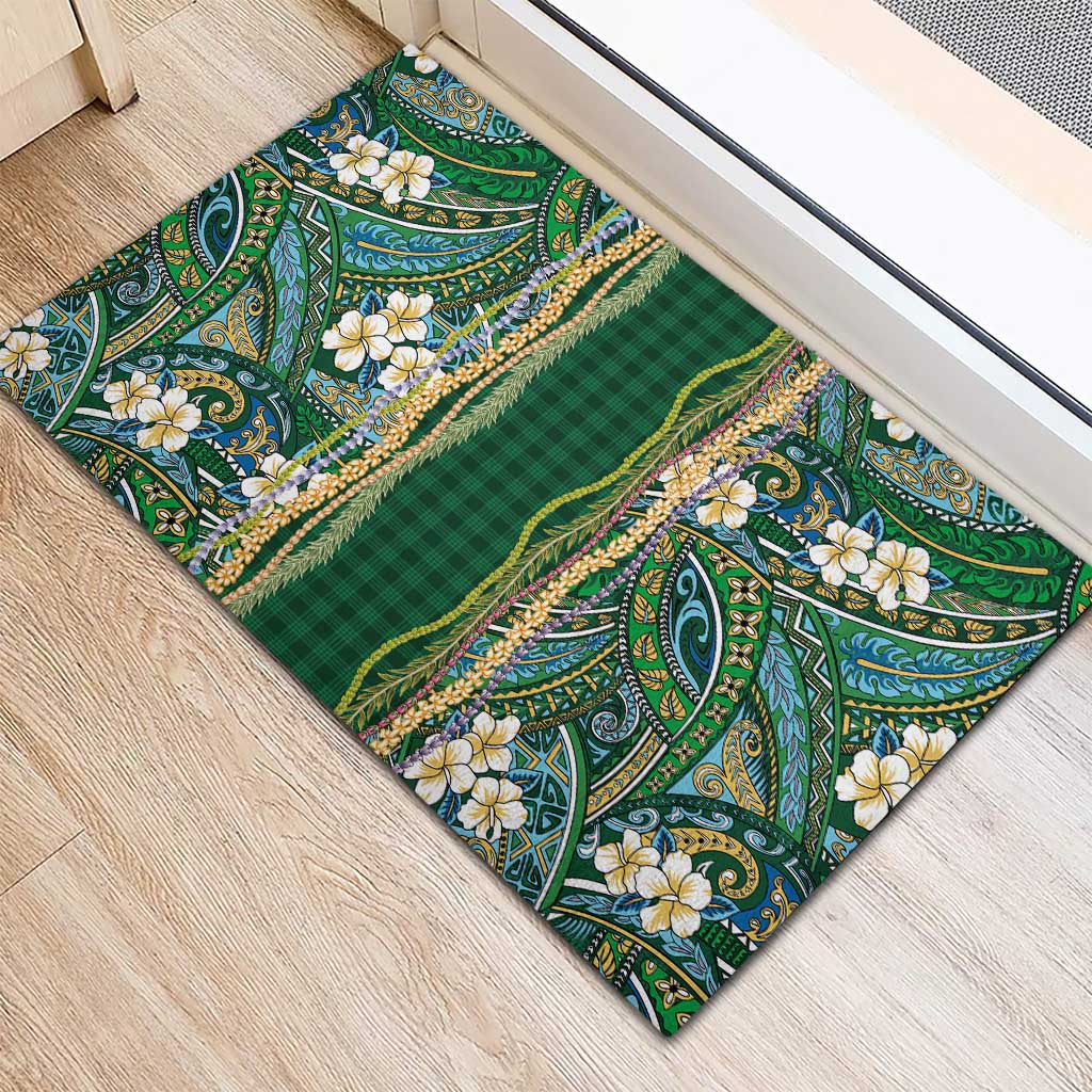 Hawaiian Art Flower Tribal with Lei Rubber Doormat Palaka Pattern Green Color LT03 - Polynesian Pride