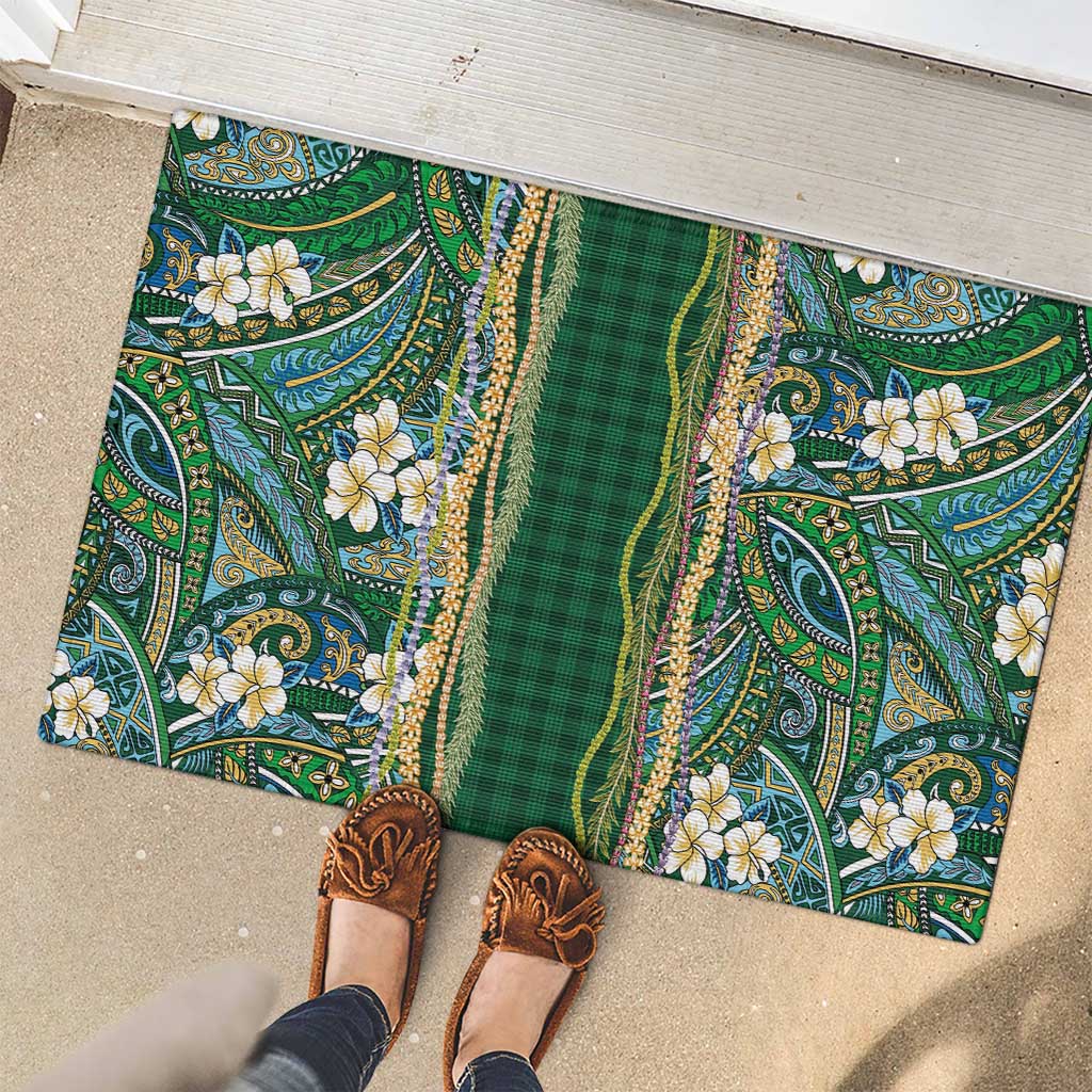 Hawaiian Art Flower Tribal with Lei Rubber Doormat Palaka Pattern Green Color LT03 - Polynesian Pride