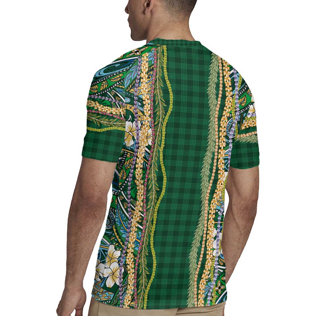 Hawaiian Art Flower Tribal with Lei Rugby Jersey Palaka Pattern Green Color - Polynesian Pride