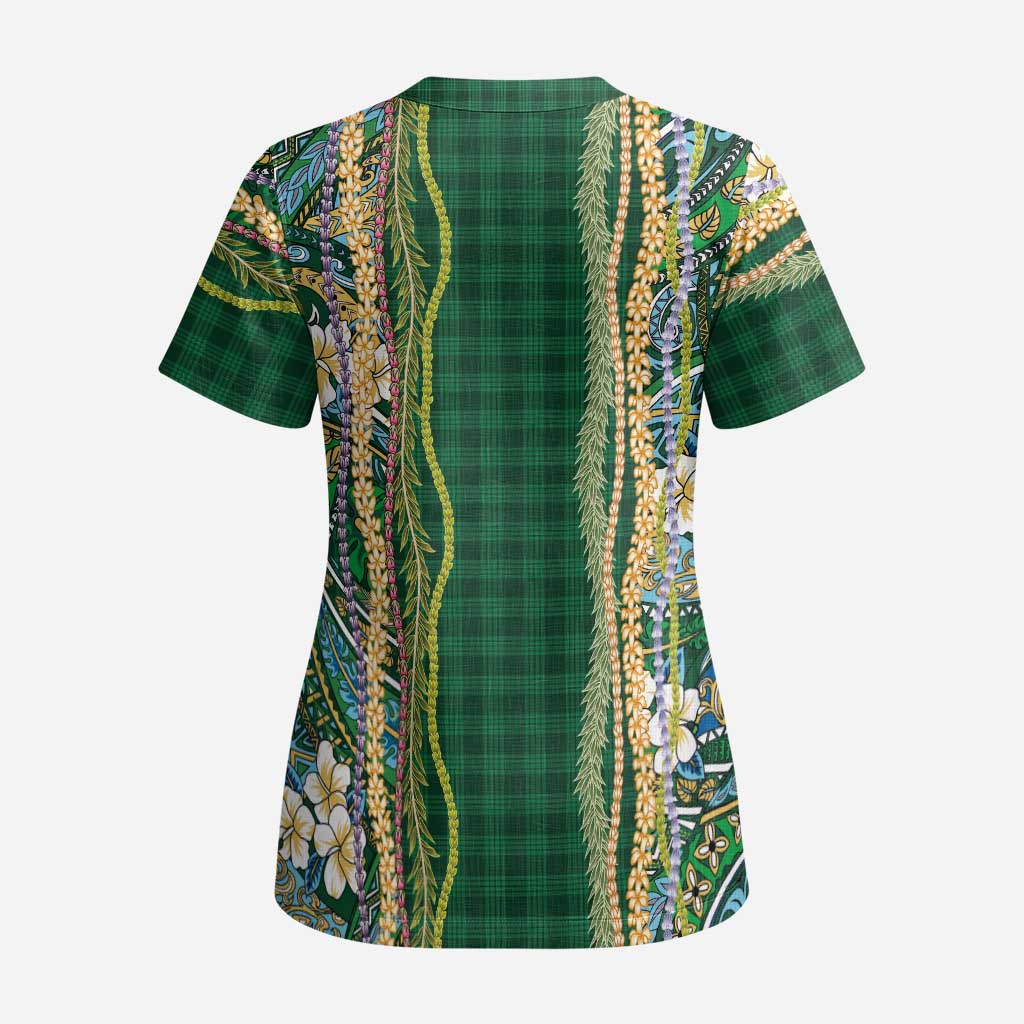 Hawaiian Art Flower Tribal with Lei Scrub Top Palaka Pattern Green Color LT03 - Polynesian Pride