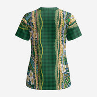 Hawaiian Art Flower Tribal with Lei Scrub Top Palaka Pattern Green Color LT03 - Polynesian Pride