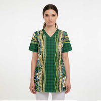 Hawaiian Art Flower Tribal with Lei Scrub Top Palaka Pattern Green Color LT03 - Polynesian Pride