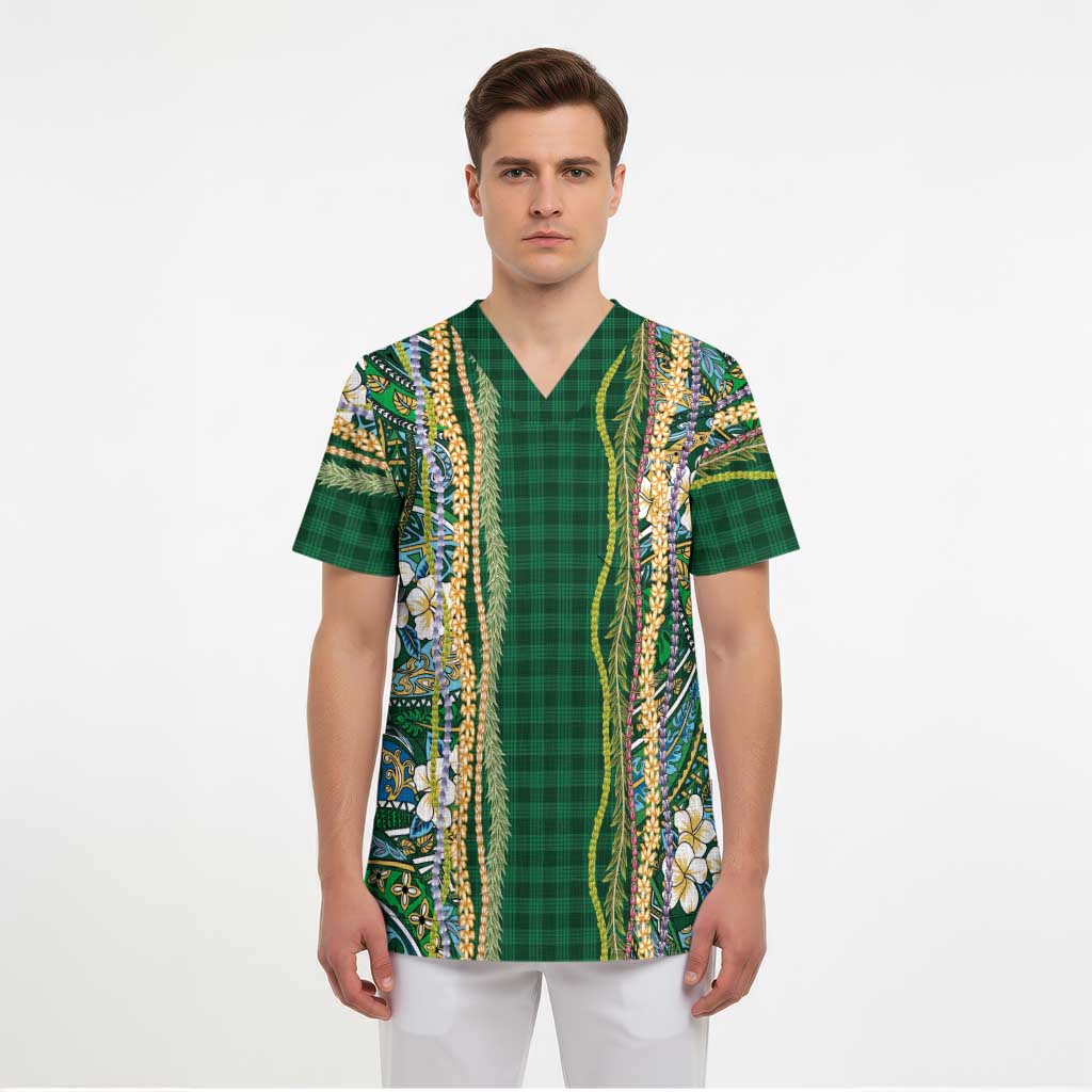Hawaiian Art Flower Tribal with Lei Scrub Top Palaka Pattern Green Color LT03 - Polynesian Pride