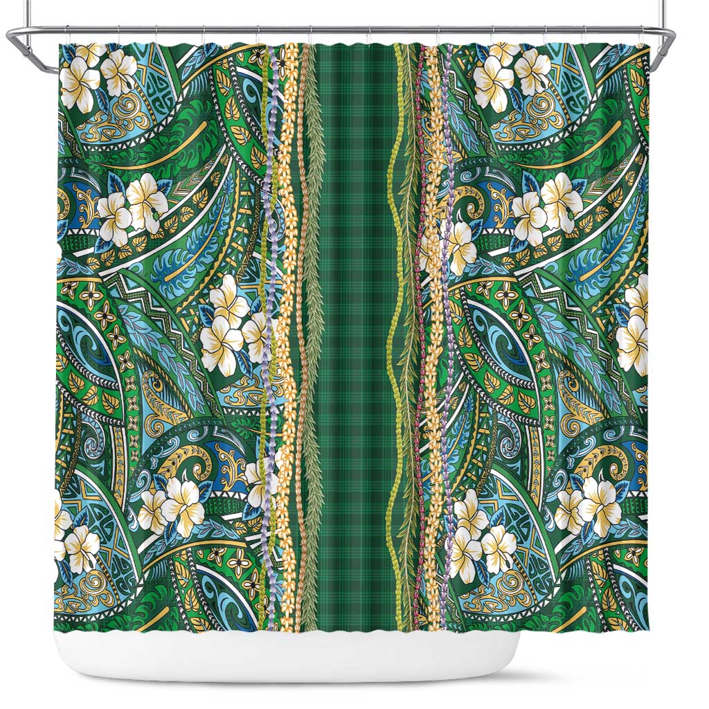 Hawaiian Art Flower Tribal with Lei Shower Curtain Palaka Pattern Green Color - Polynesian Pride