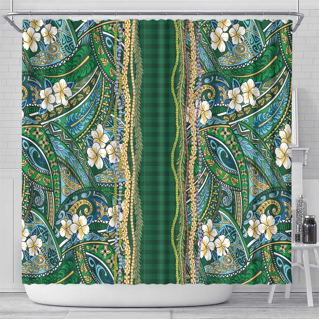 Hawaiian Art Flower Tribal with Lei Shower Curtain Palaka Pattern Green Color - Polynesian Pride