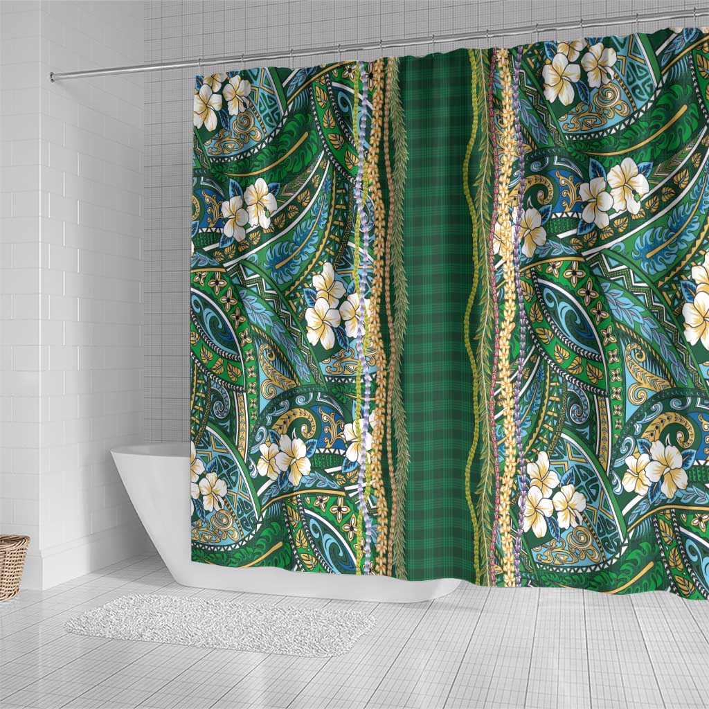 Hawaiian Art Flower Tribal with Lei Shower Curtain Palaka Pattern Green Color - Polynesian Pride
