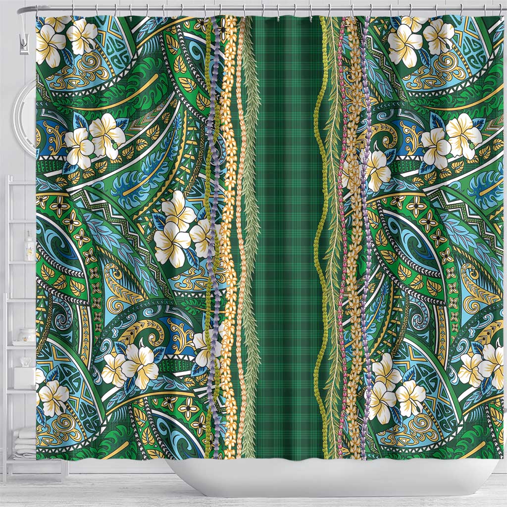 Hawaiian Art Flower Tribal with Lei Shower Curtain Palaka Pattern Green Color - Polynesian Pride