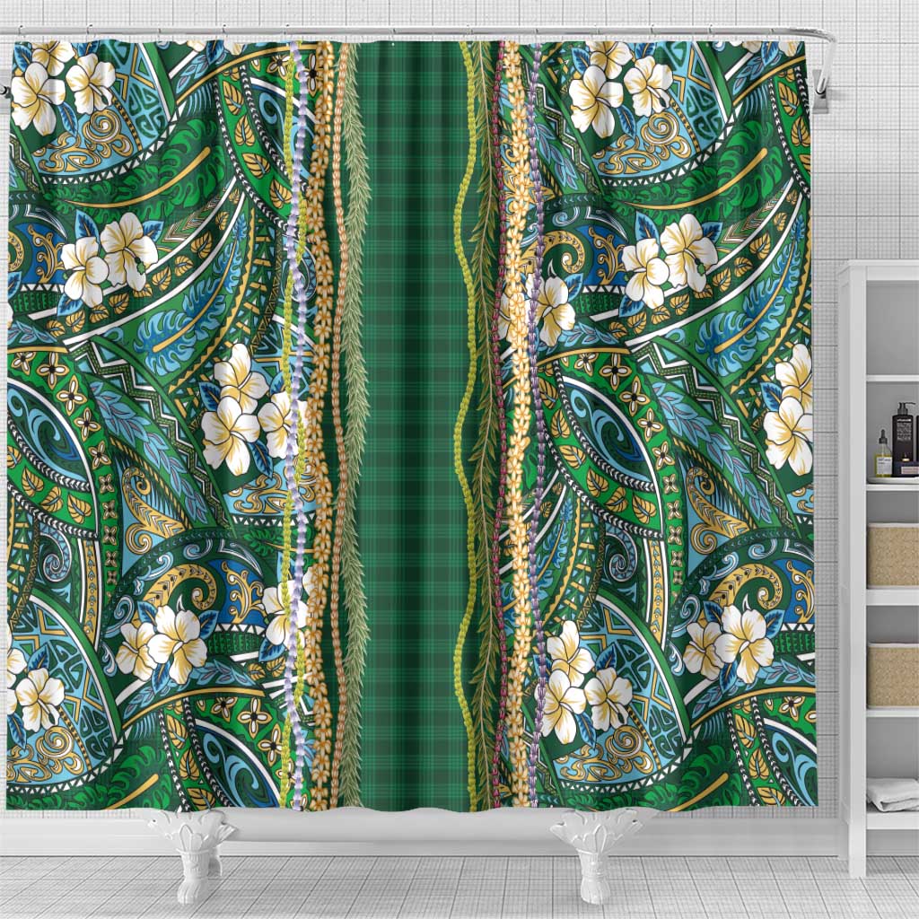 Hawaiian Art Flower Tribal with Lei Shower Curtain Palaka Pattern Green Color - Polynesian Pride