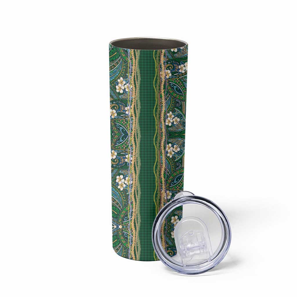 Hawaiian Art Flower Tribal with Lei Skinny Tumbler Palaka Pattern Green Color - Polynesian Pride