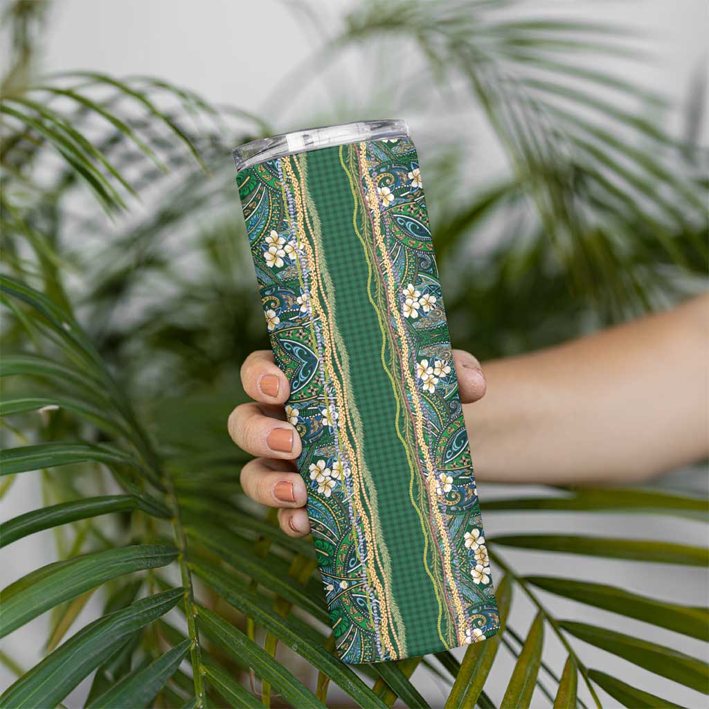 Hawaiian Art Flower Tribal with Lei Skinny Tumbler Palaka Pattern Green Color - Polynesian Pride