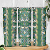 Hawaiian Art Flower Tribal with Lei Skinny Tumbler Palaka Pattern Green Color - Polynesian Pride