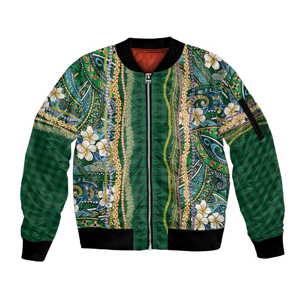 Hawaiian Art Flower Tribal with Lei Sleeve Zip Bomber Jacket Palaka Pattern Green Color - Polynesian Pride