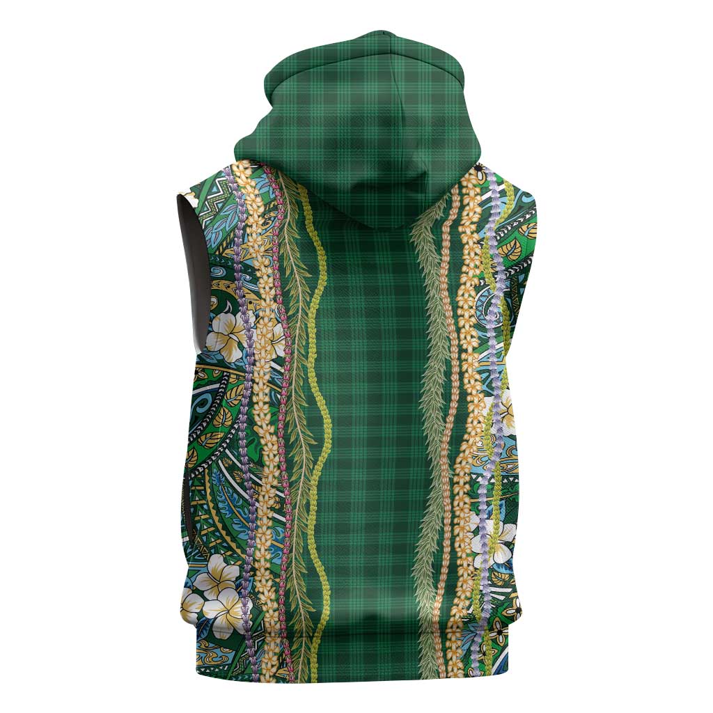 Hawaiian Art Flower Tribal with Lei Sleeveless Hoodie Palaka Pattern Green Color LT03 - Polynesian Pride