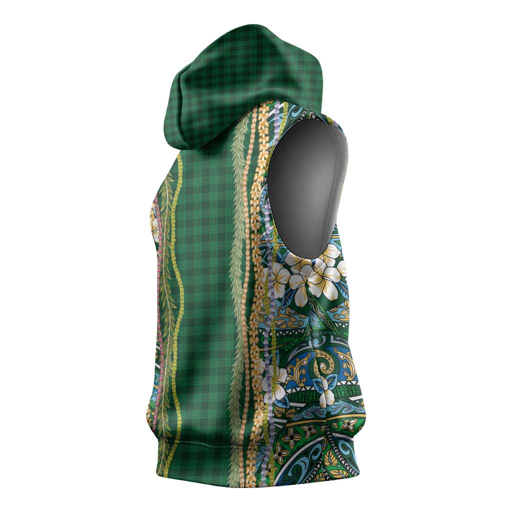 Hawaiian Art Flower Tribal with Lei Sleeveless Hoodie Palaka Pattern Green Color LT03 - Polynesian Pride