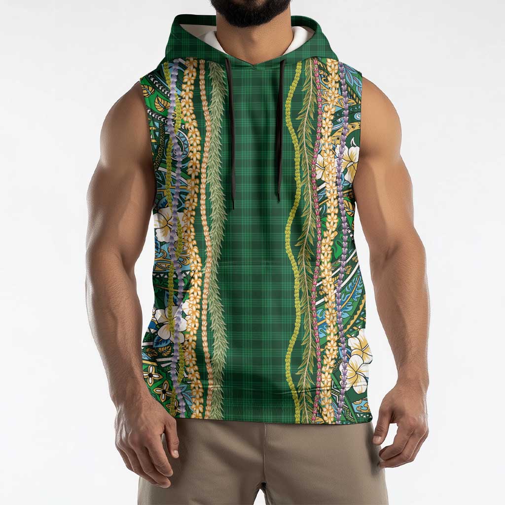 Hawaiian Art Flower Tribal with Lei Sleeveless Hoodie Palaka Pattern Green Color LT03 - Polynesian Pride