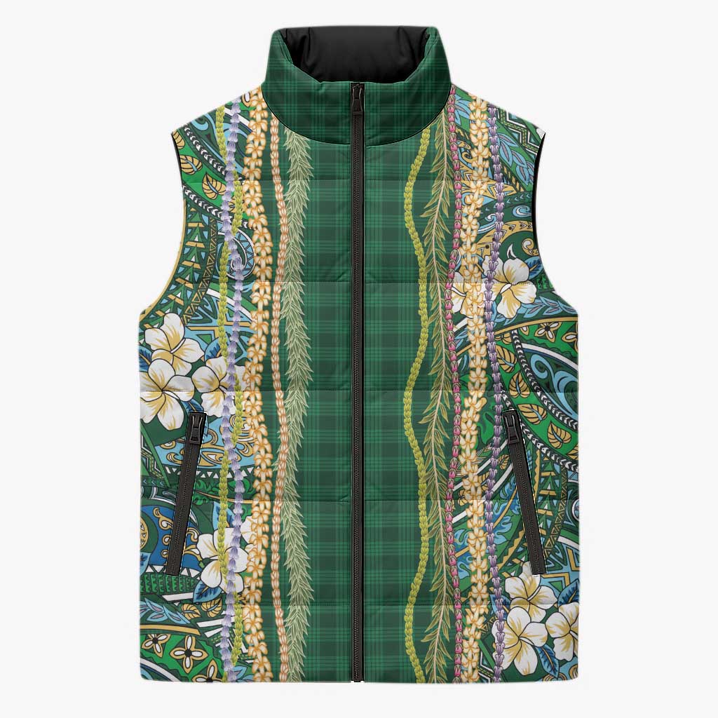 Hawaiian Art Flower Tribal with Lei Sleeveless Puffer Jacket Palaka Pattern Green Color LT03 Unisex Green - Polynesian Pride