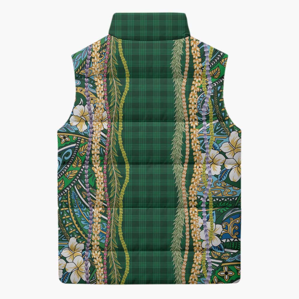 Hawaiian Art Flower Tribal with Lei Sleeveless Puffer Jacket Palaka Pattern Green Color LT03 - Polynesian Pride