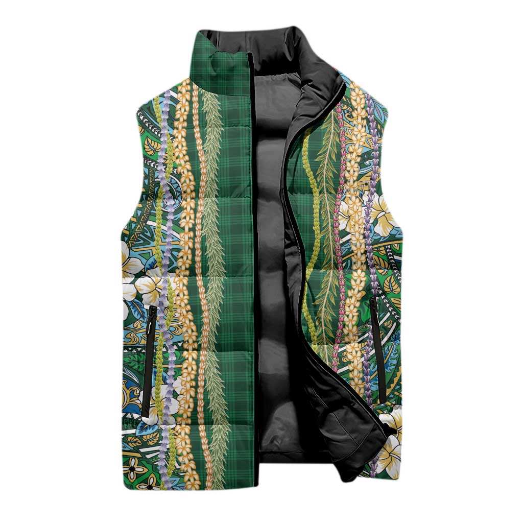Hawaiian Art Flower Tribal with Lei Sleeveless Puffer Jacket Palaka Pattern Green Color LT03 - Polynesian Pride