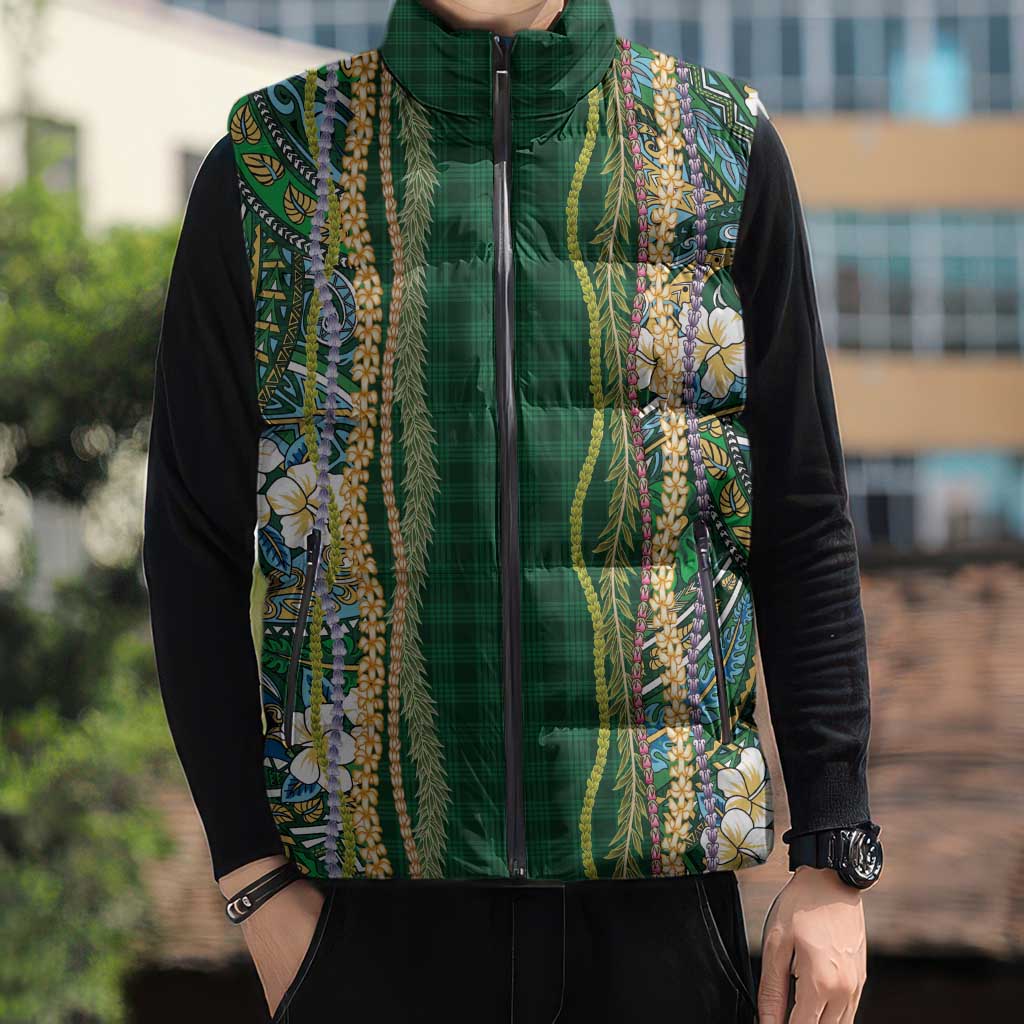 Hawaiian Art Flower Tribal with Lei Sleeveless Puffer Jacket Palaka Pattern Green Color LT03 - Polynesian Pride