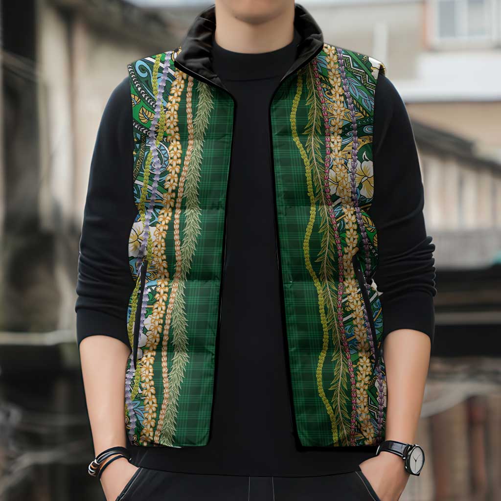 Hawaiian Art Flower Tribal with Lei Sleeveless Puffer Jacket Palaka Pattern Green Color LT03 - Polynesian Pride