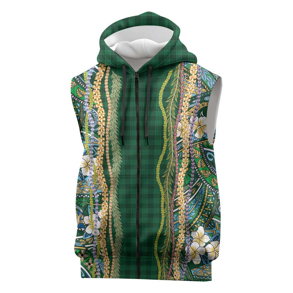 Hawaiian Art Flower Tribal with Lei Sleeveless Zip Hoodie Palaka Pattern Green Color - Polynesian Pride